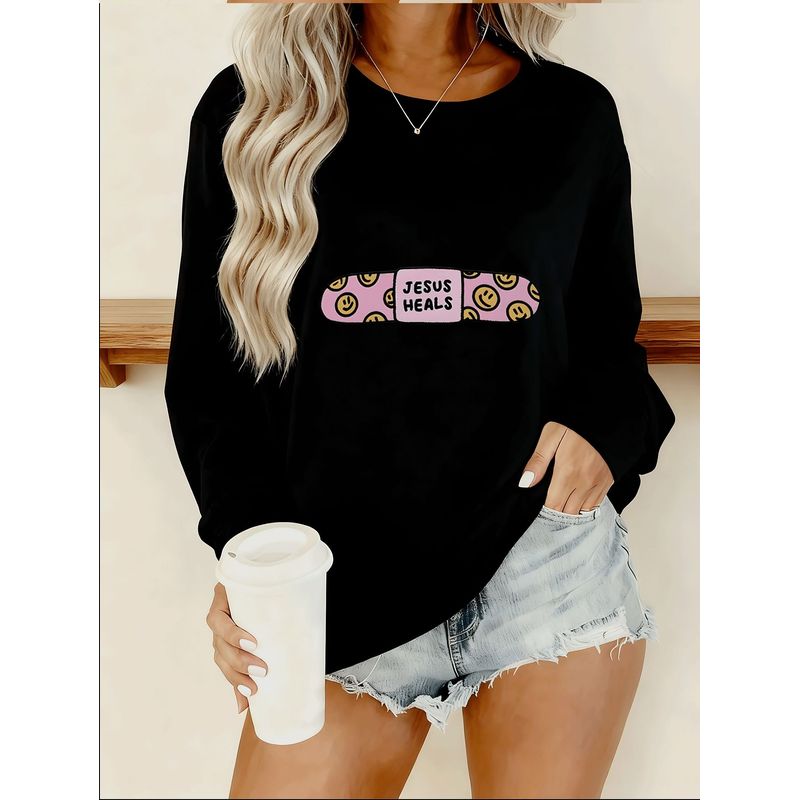 Blouse Off Shoulder - 여성용 오버사이즈 ‘조이풀 페이스’ 티셔츠 -