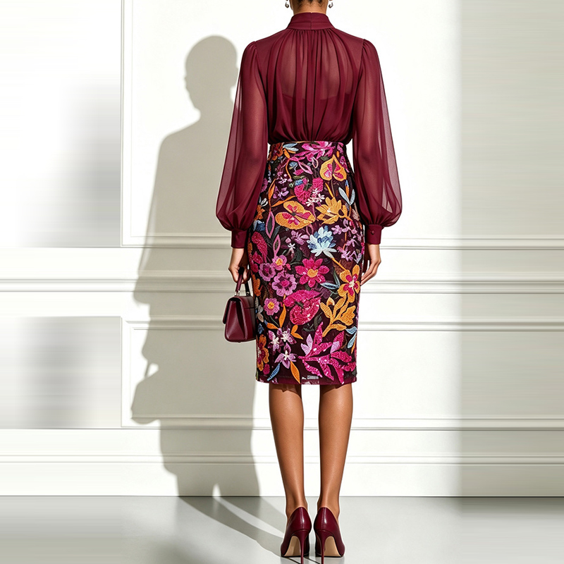 섹시한 하이넥 시스루 메쉬 블라우스와 플로럴 프린트 스 - Midi Skirt Floral 리뷰 및 가격