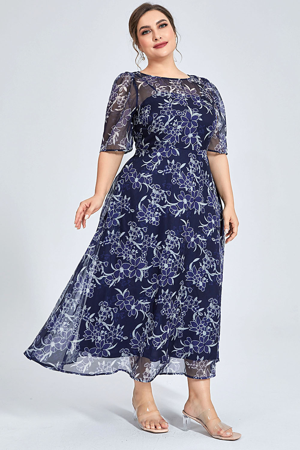 플러스 사이즈 네이비 플로럴 시폰 미디 드레스 라운드넥 - Midi Skirt Floral 리뷰 및 가격