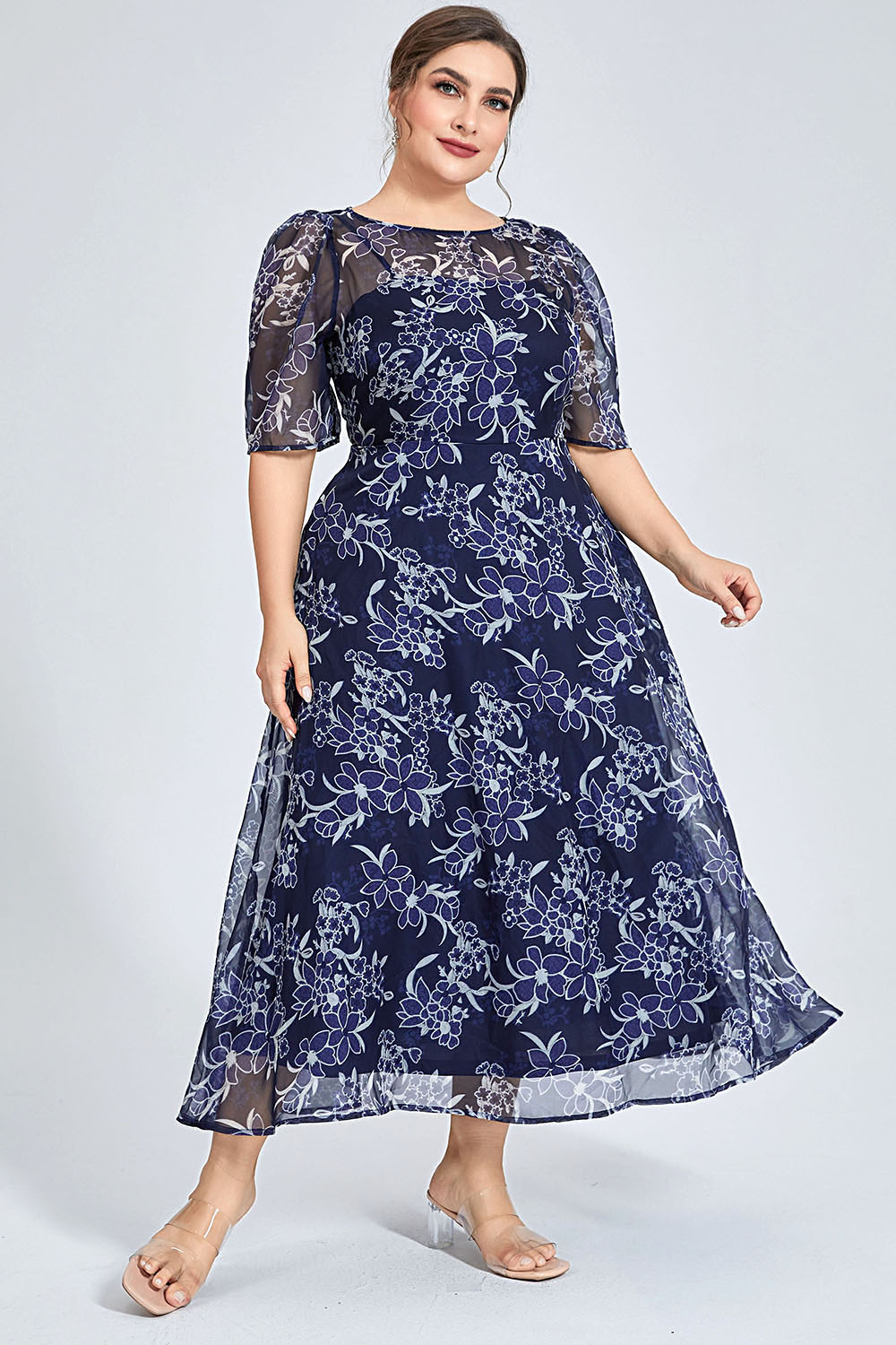 플러스 사이즈 네이비 플로럴 시폰 미디 드레스 라운드넥 - Midi Skirt Floral 리뷰 및 가격