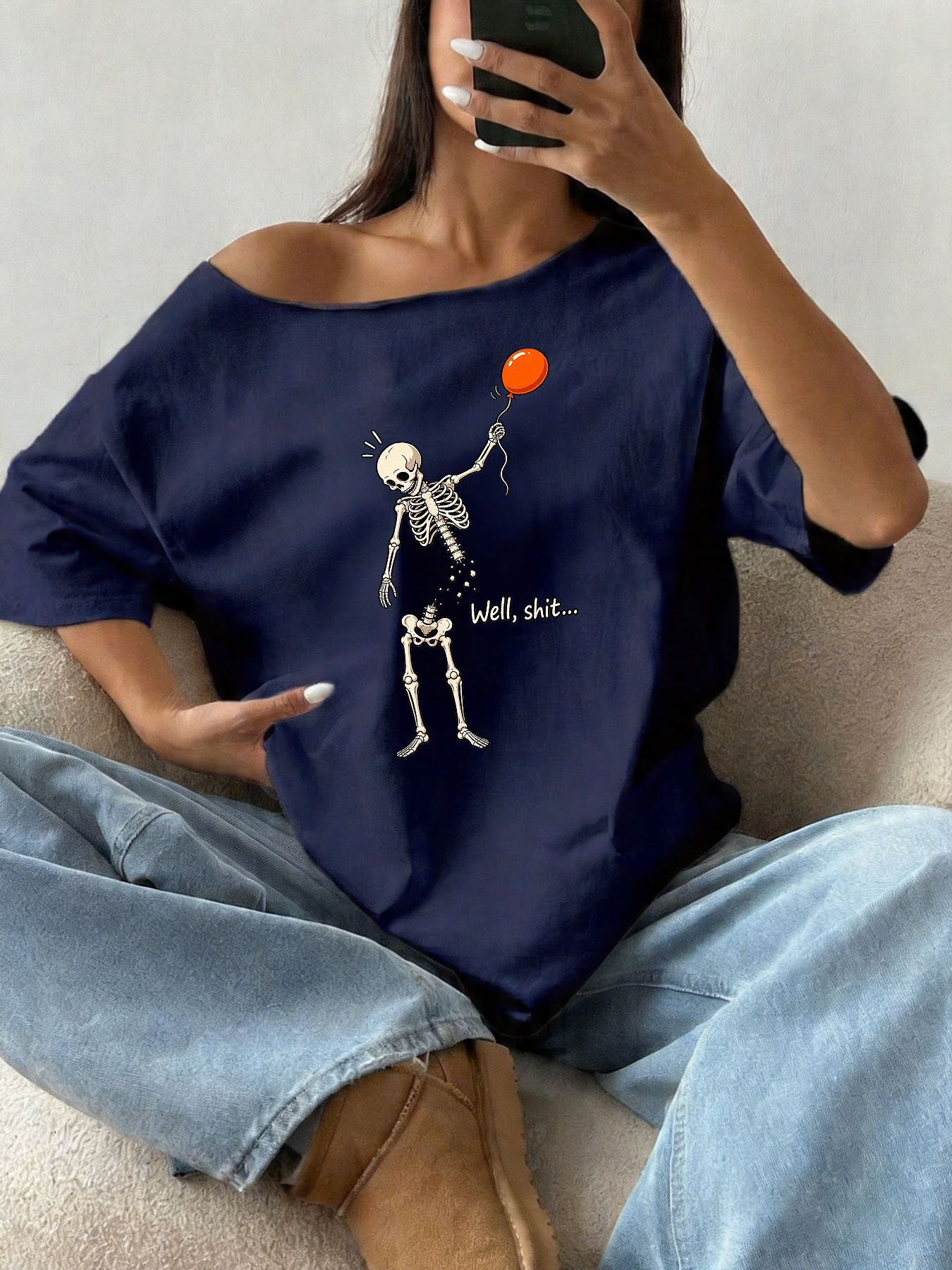 100% 면 소재, 플러스 사이즈, 재미있는 해골 무늬 - Blouse Off Shoulder 리뷰 및 가격