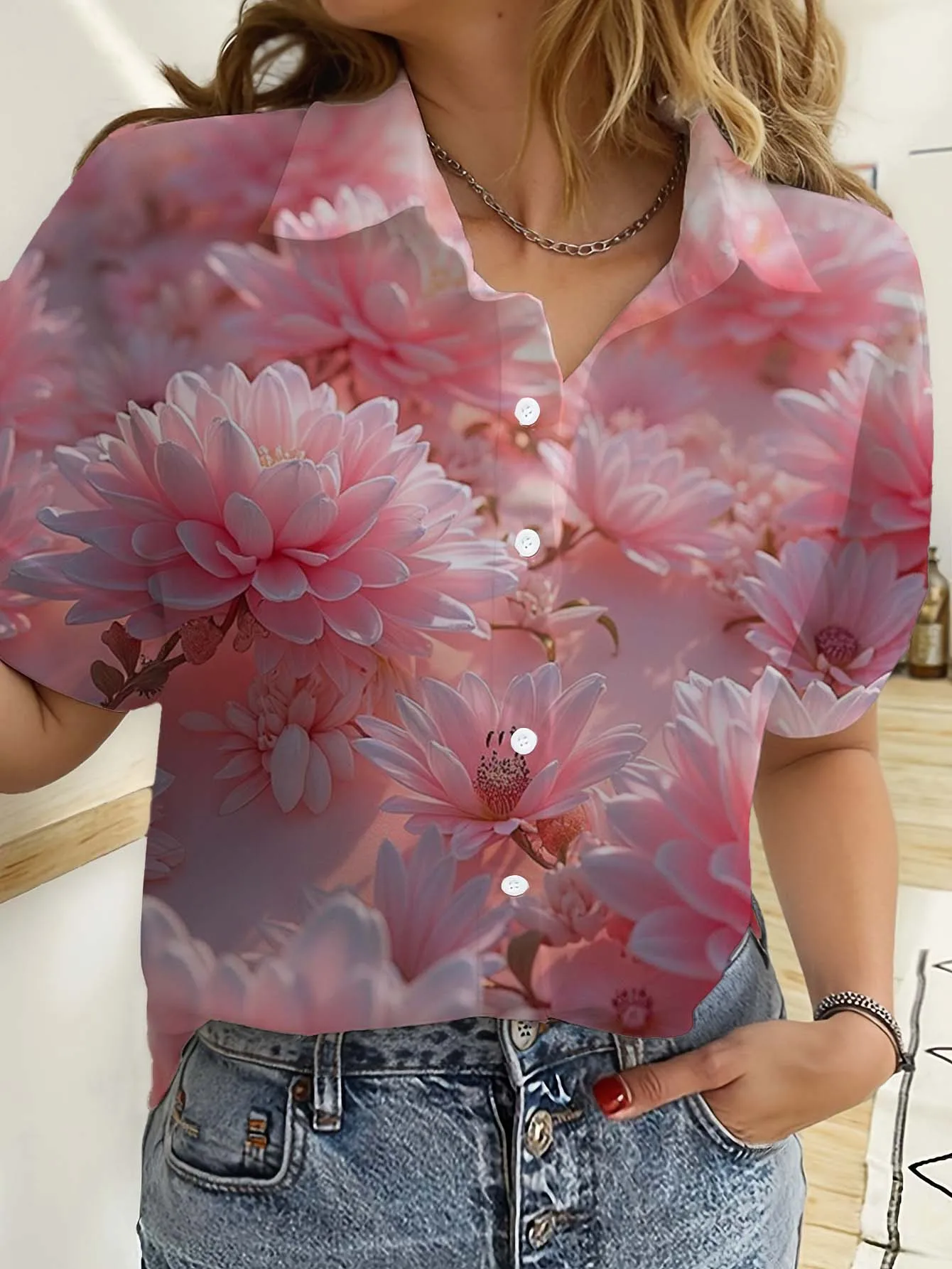 하와이 여성 셔츠 반팔 단추 꽃 장미 프린트 탑 캐주얼 - Romper Floral Print 리뷰 및 가격