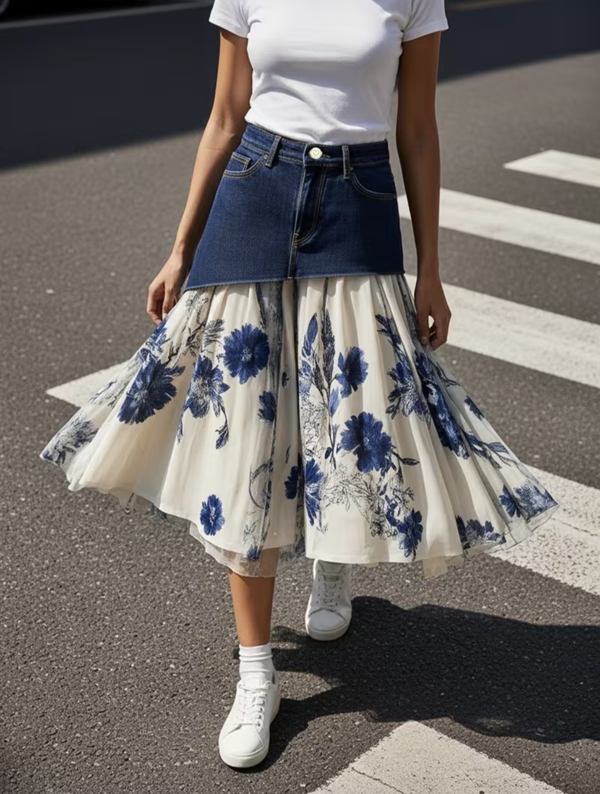 플러스 사이즈 여성용 하이웨이스트 데님 패치워크 블루  - Midi Skirt Floral 리뷰 및 가격