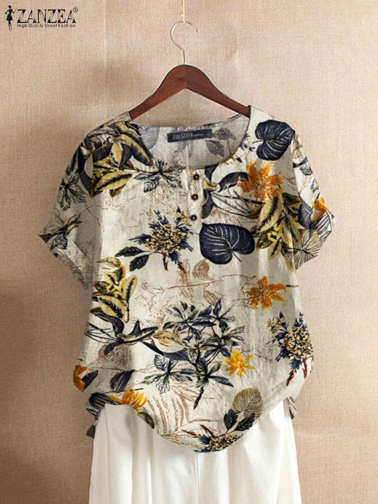 ZANZEA 여성 코튼 셔츠 패션 꽃 프린트 탑 숙녀  - Romper Floral Print 리뷰 및 가격