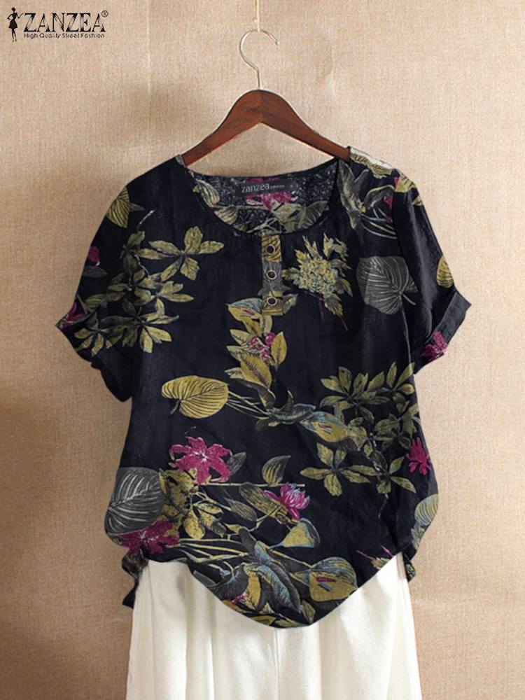 ZANZEA 여성 코튼 셔츠 패션 꽃 프린트 탑 숙녀  - Romper Floral Print 리뷰 및 가격